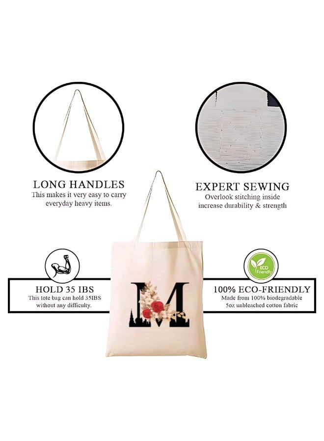 PRINTSHOP4ME Floral Initial Tote Bag A To Z – Cotton Canvas Reusable Tote With Alphabet Print For Grocery, Market And Daily Use - Image 3